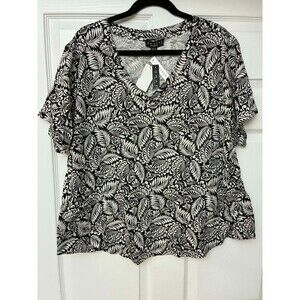 Grace Womens 2X Black White Leaf Print Cotton V-Neck Blouse NWT